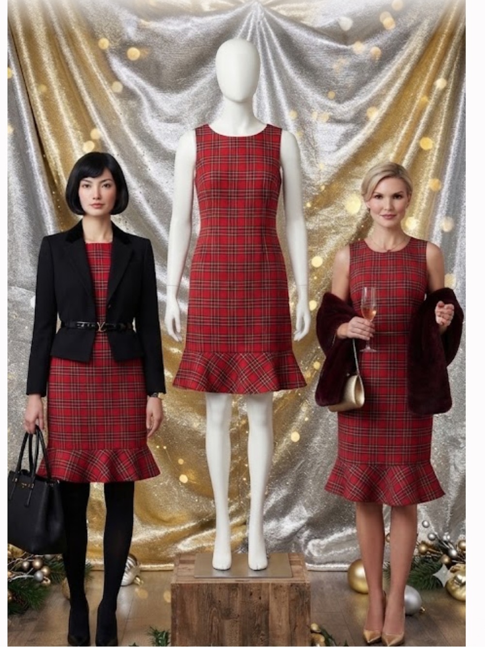 Talbots Red Plaid Sleeveless Midi Dress with Flounce Hem